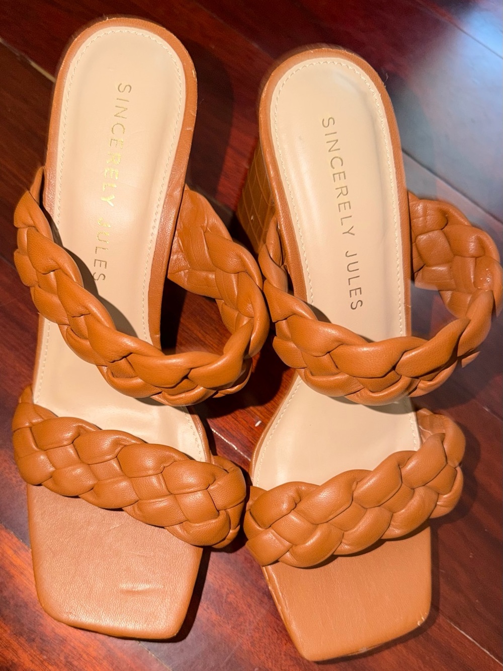 Sincerely Jules Braided Double-Strap Block Heel Sandals in Tan